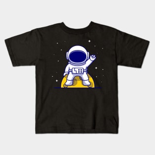 Cute Astronaut Sitting On Moon And Waving Hand Cartoon Kids T-Shirt